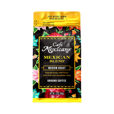 12 oz Bag of Café Mexicano Mexican Blend ground coffee with a colorful floral design and yellow accents, labeled as a medium roast with fruit and chocolate notes