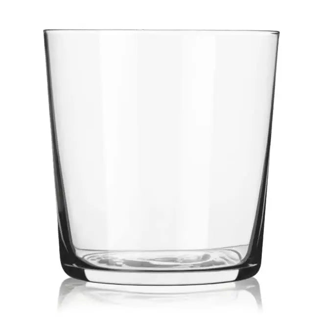 Clear café rocks glass with straight sides and a thick base.