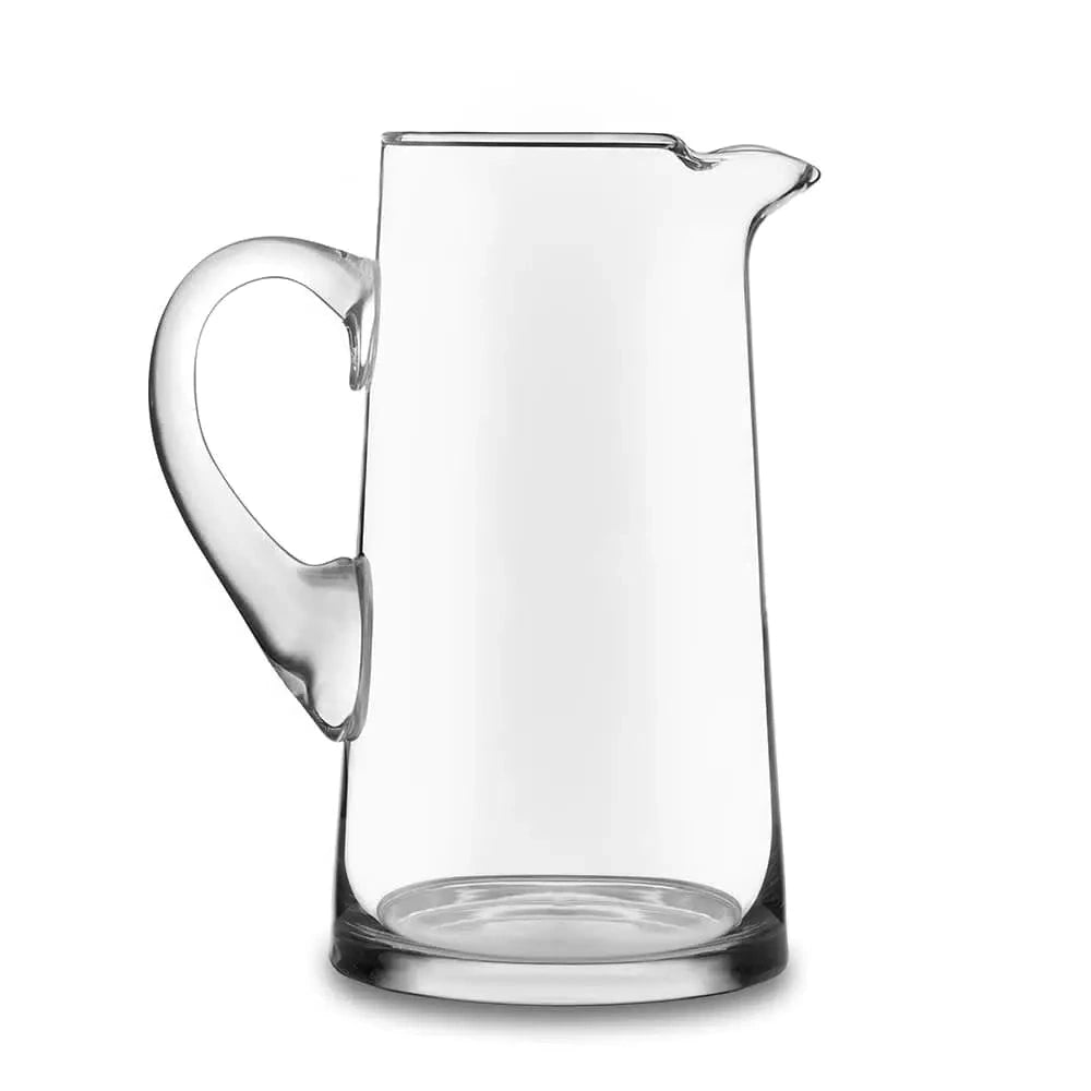 Clear cantina-style glass pitcher with a wide handle and smooth pour spout