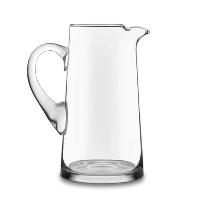Clear cantina-style glass pitcher with a wide handle and smooth pour spout