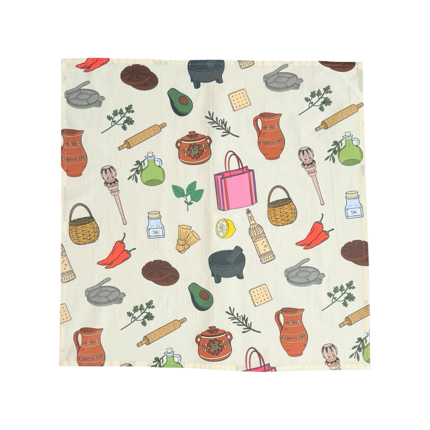 Cream kitchen towel covered in illustrated Mexican-kitchen motifs including a black molcajete with pestle, wooden molinillo, avocado half, lemon slice, rosemary sprig, terracotta pot, rolling pin, cracker, and oil bottle.