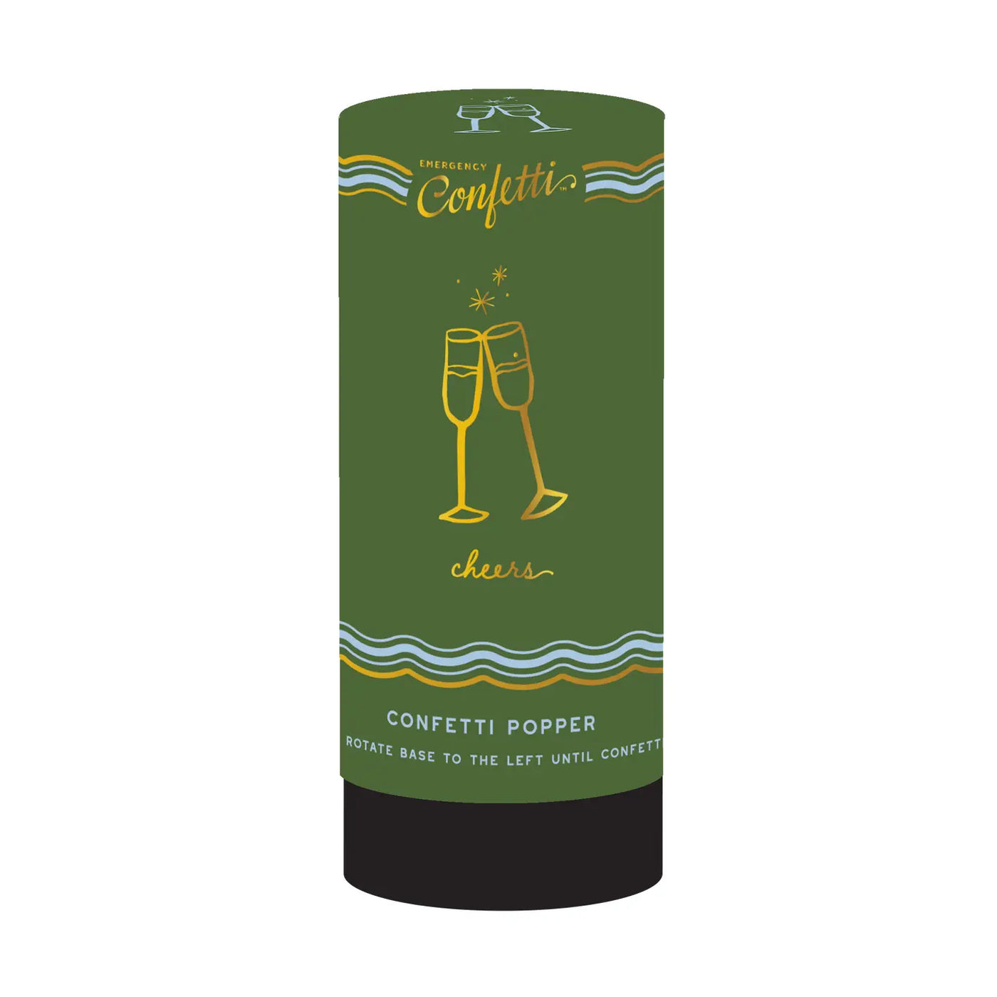 Green cylindrical confetti popper with gold illustration of two clinking champagne glasses and the word “cheers,” labeled “Emergency Confetti Popper.”