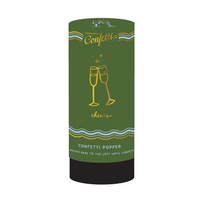 Green cylindrical confetti popper with gold illustration of two clinking champagne glasses and the word “cheers,” labeled “Emergency Confetti Popper.”
