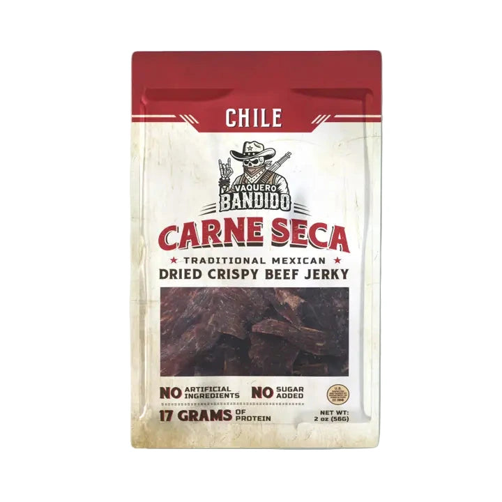 Package of Carne Seca dried crispy beef jerky with a red label 