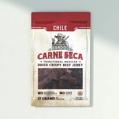 Package of Carne Seca dried crispy beef jerky with a red label 