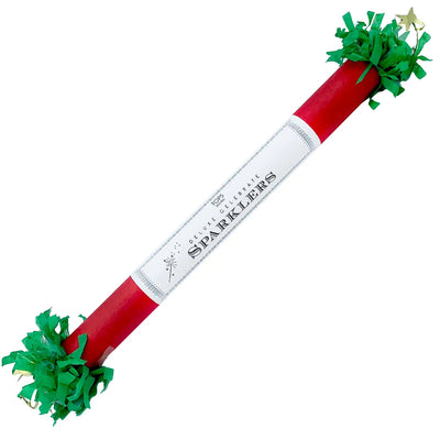 Red and green sparkler with a white label