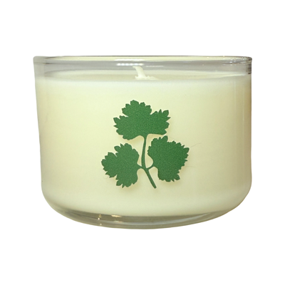 Candle with green leaf design on a white background