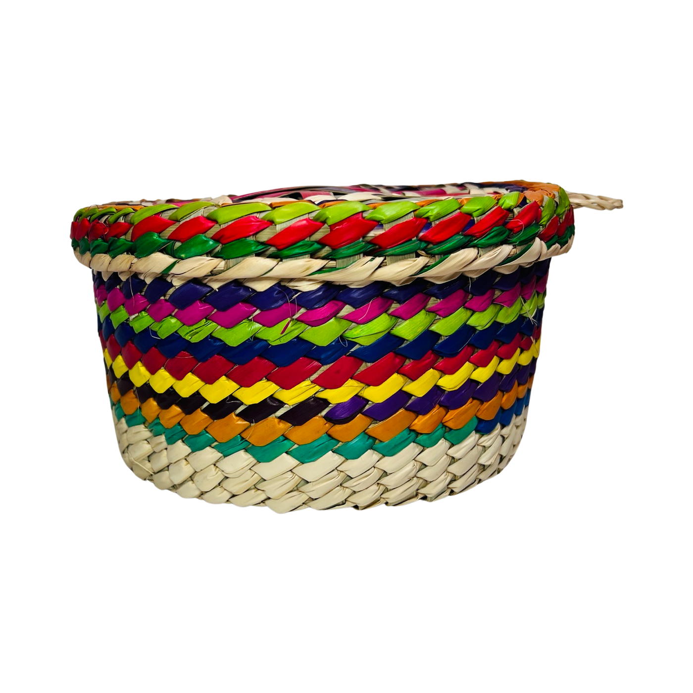 side view of a colorful Mexican woven palm tortillero