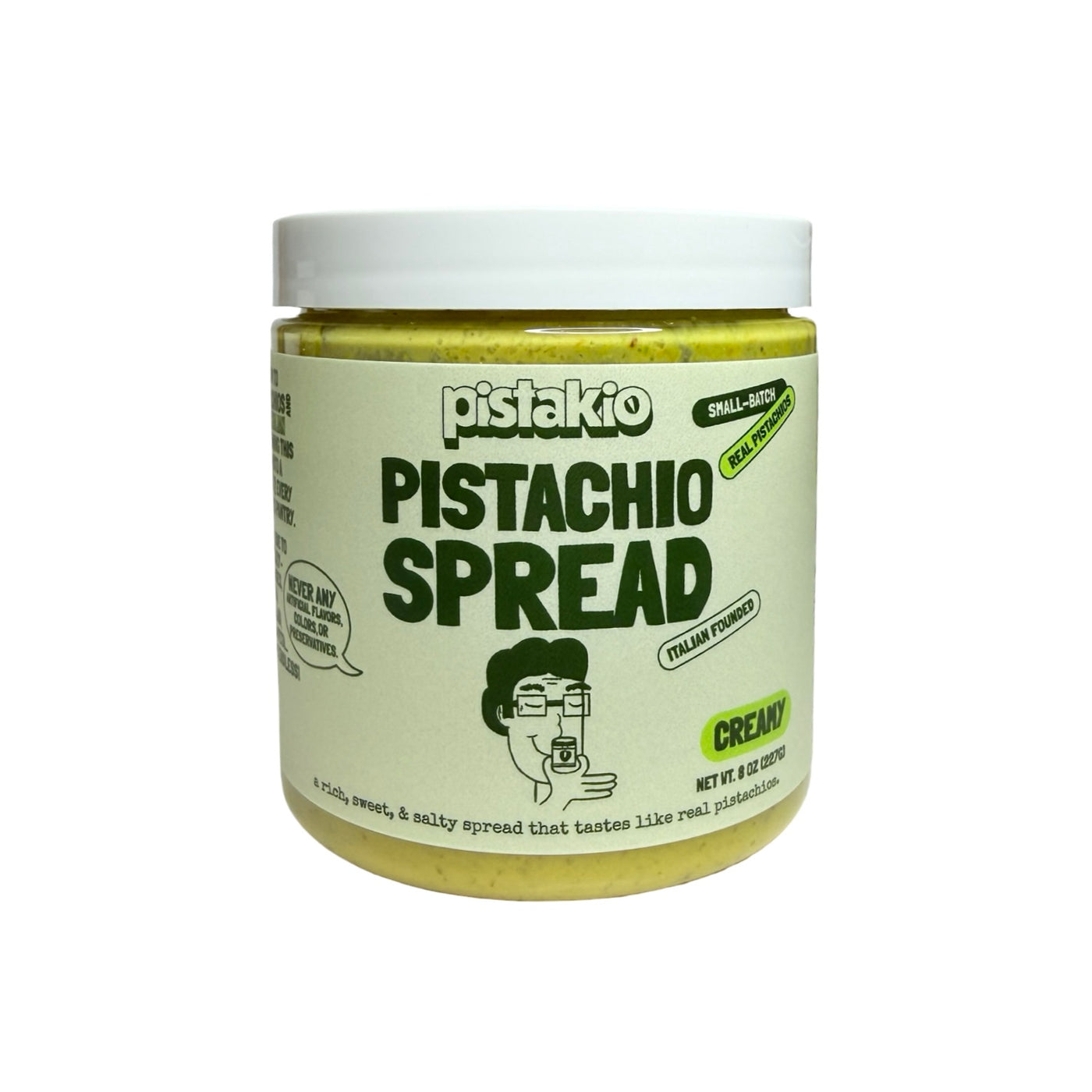 Jar of pistachio spread with a white lid 