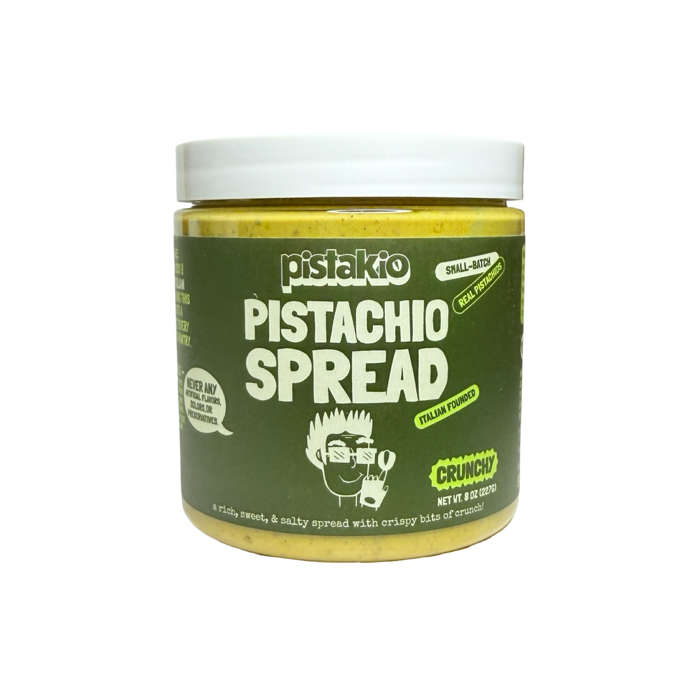 Jar of pistachio spread with green label and white lid