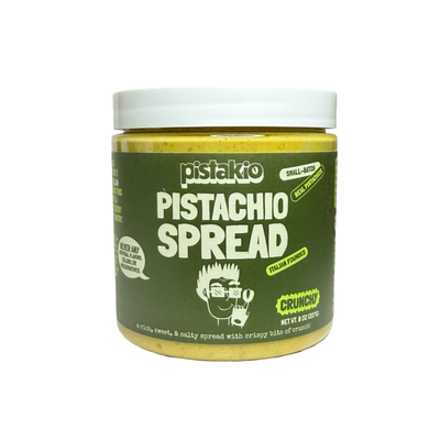 Jar of pistachio spread with green label and white lid