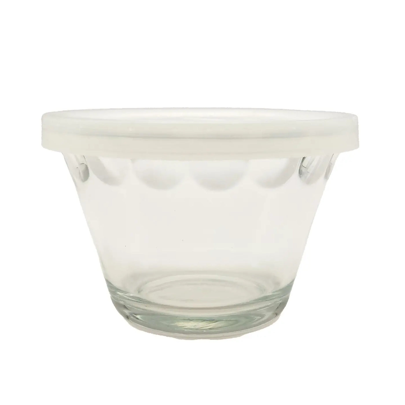 Clear glass cupcake party dish with scalloped detailing and a fitted frosted lid.