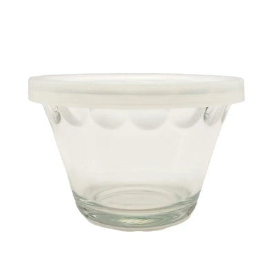 Clear glass cupcake party dish with scalloped detailing and a fitted frosted lid.