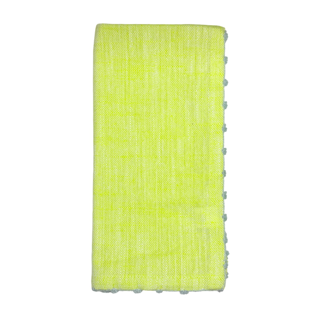 Folded chartreuse green cotton napkin with gray knotted edge trim.