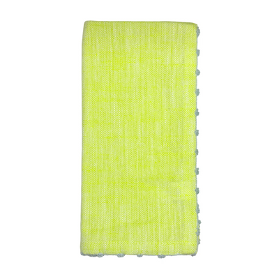 Folded chartreuse green cotton napkin with gray knotted edge trim.