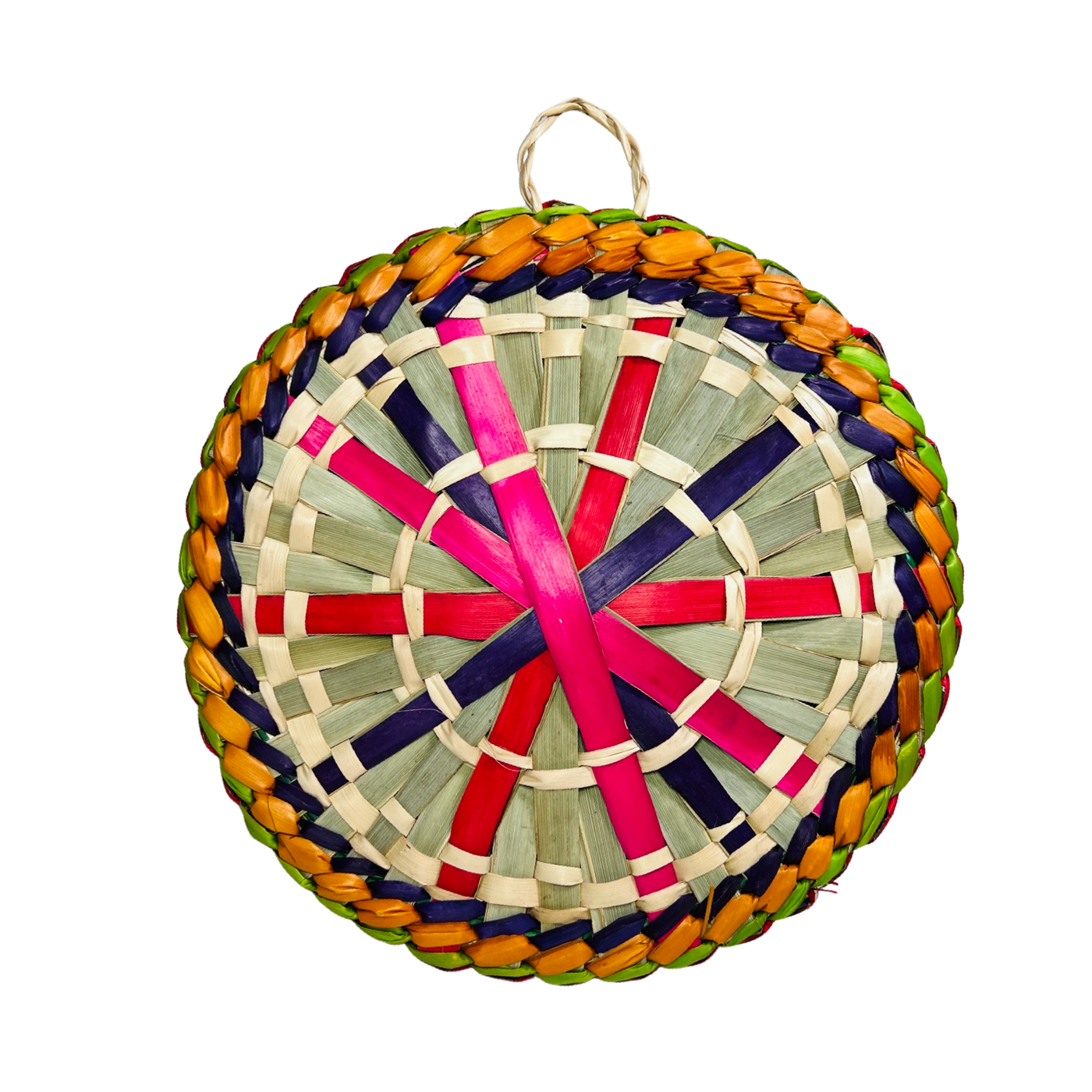 top view of a colorful Mexican woven palm tortillero