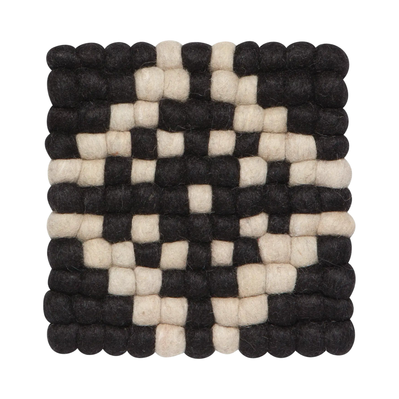 Black and cream felted wool trivet with a checkered pattern, designed for protecting surfaces from heat.