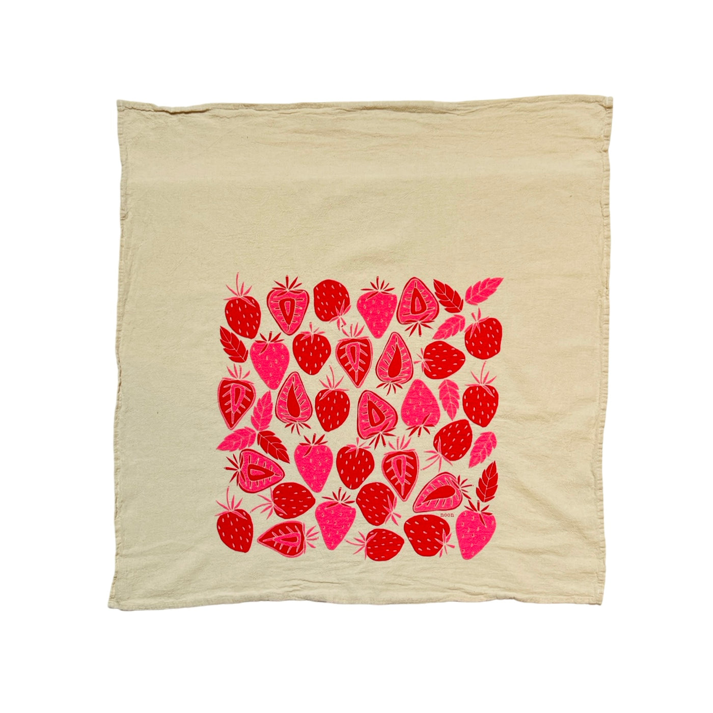 natural flour sack towel with a red and pink strawberry pattern design