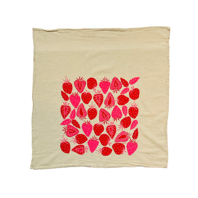 natural flour sack towel with a red and pink strawberry pattern design