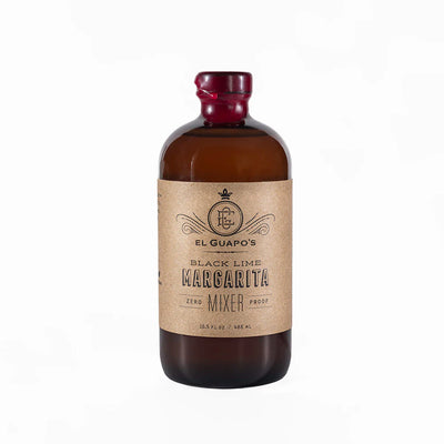 A 16.5 fl oz bottle of El Guapo's Black Lime Margarita Mixer, featuring a brown glass bottle with a wax-sealed cap and a rustic kraft paper label. 