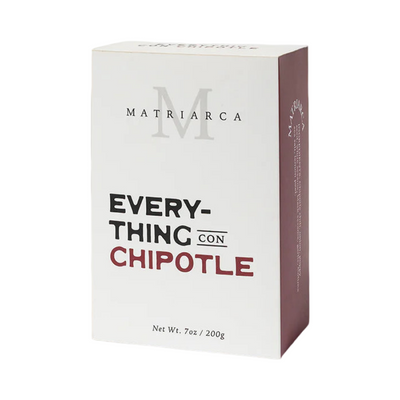 7 oz Box labeled “Everything Con Chipotle” by Matriarca, white with burgundy accents.