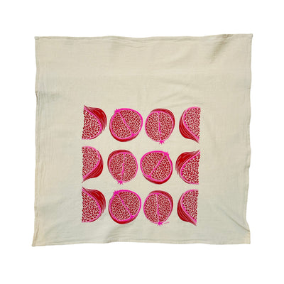 natural flour sack towel with a red and pink pomegranate pattern design