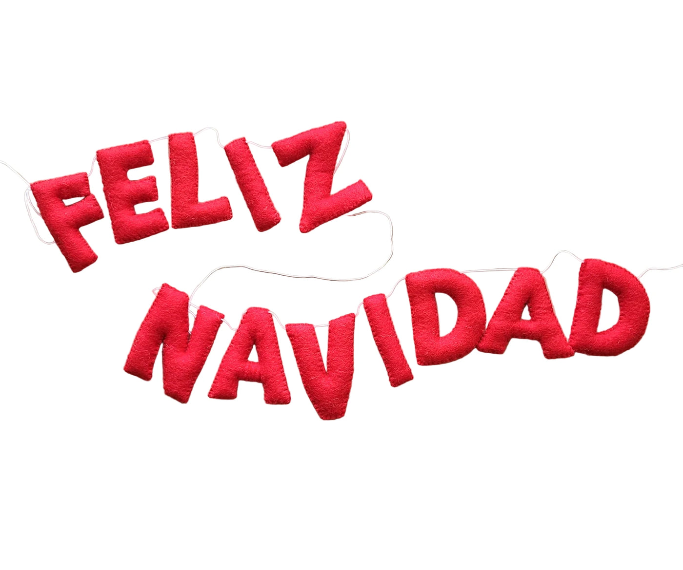 Red felt letters spelling “Feliz Navidad” arranged on a neutral surface and strung on a white cord.