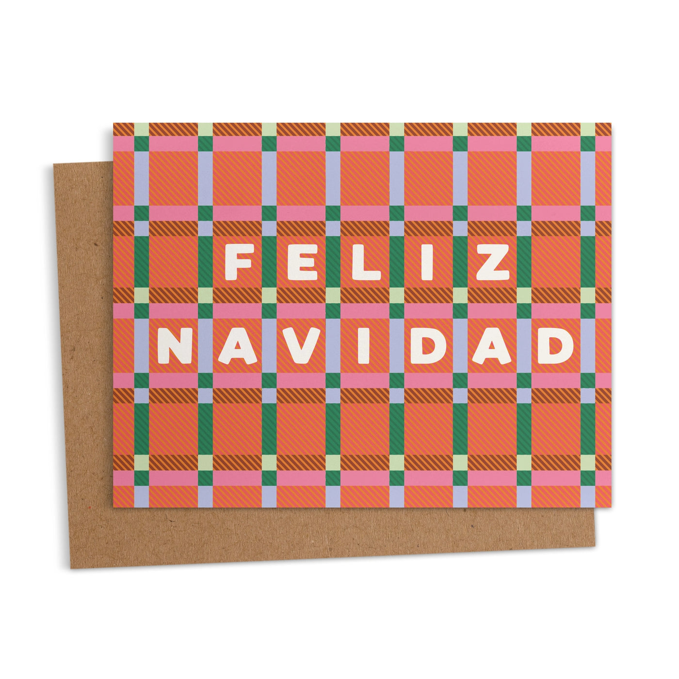 greeting card with a colorful plaid pattern in orange, pink, green, and blue, featuring the words “Feliz Navidad” in bold white letters.