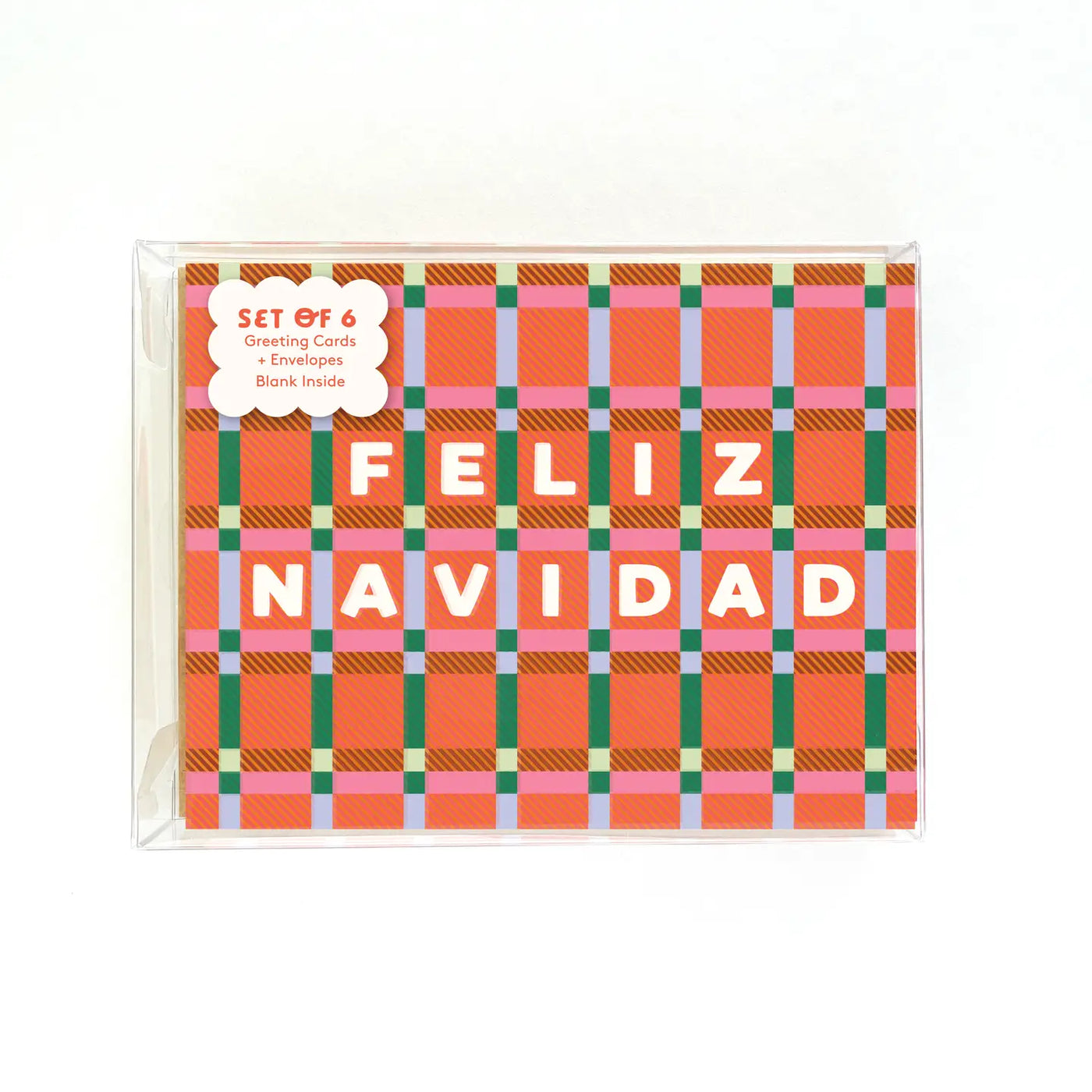 Set of six greeting cards with a colorful plaid pattern in orange, pink, green, and blue, featuring the words “Feliz Navidad” in bold white letters.