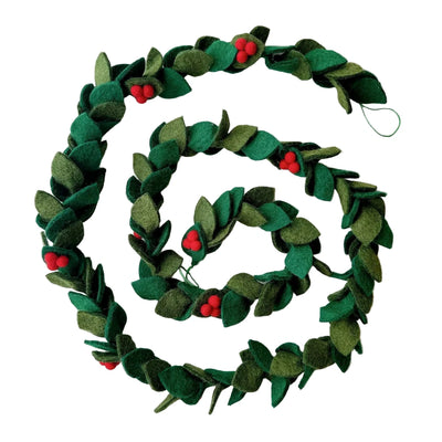 Coiled green felt holly garland with layered leaves and small red felt berries.