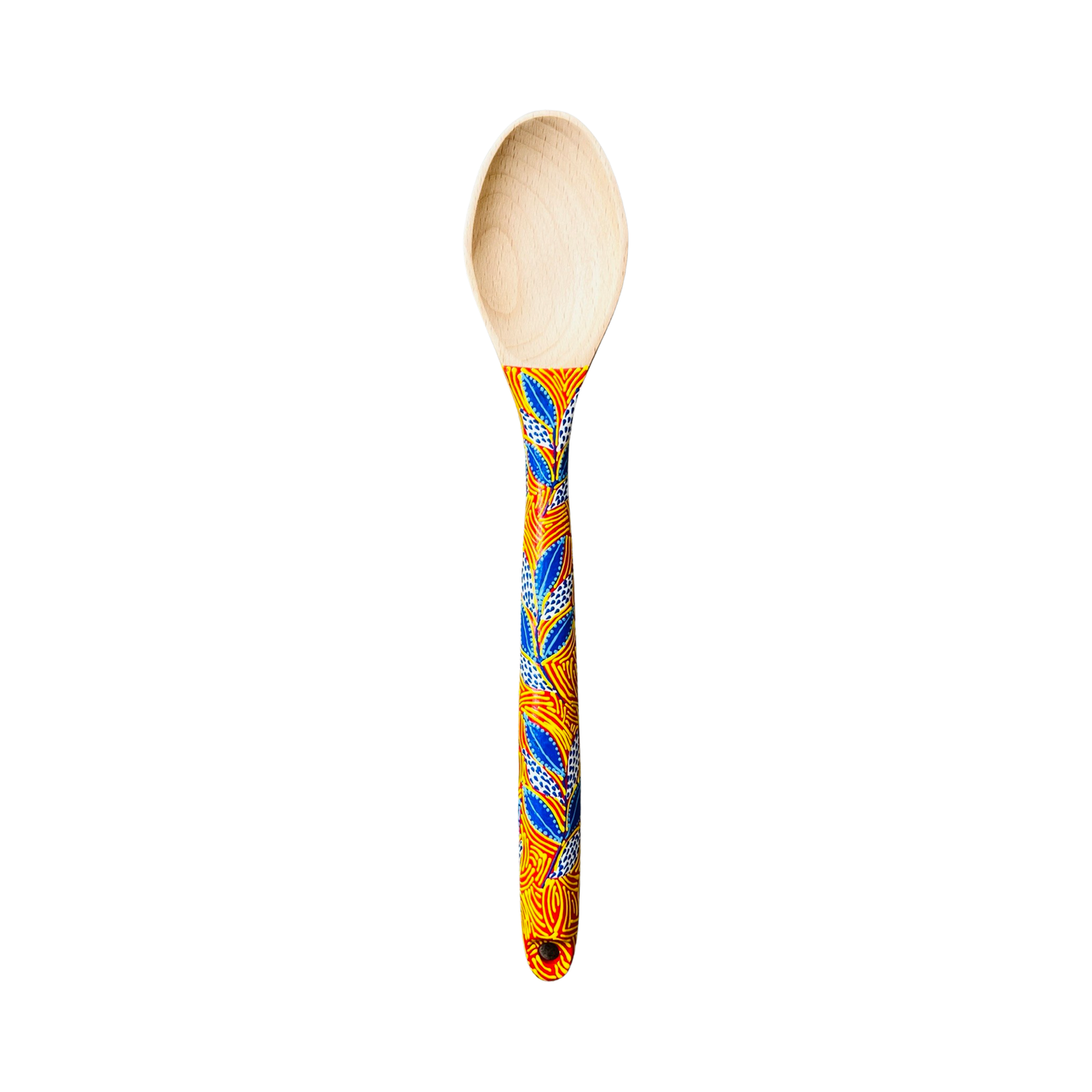 wooden spoon with a orange painted handle that features a yellow and blue design