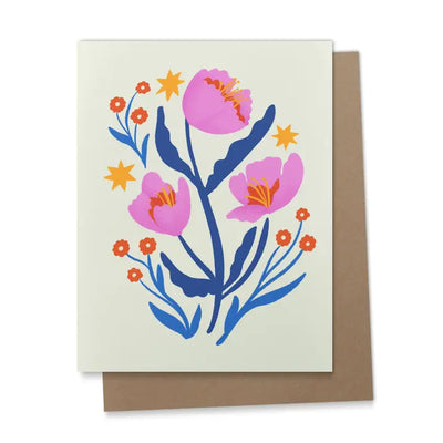 Greeting card with vibrant pink flowers, orange accents, golden stars, and deep blue leaves with a kraft envelope