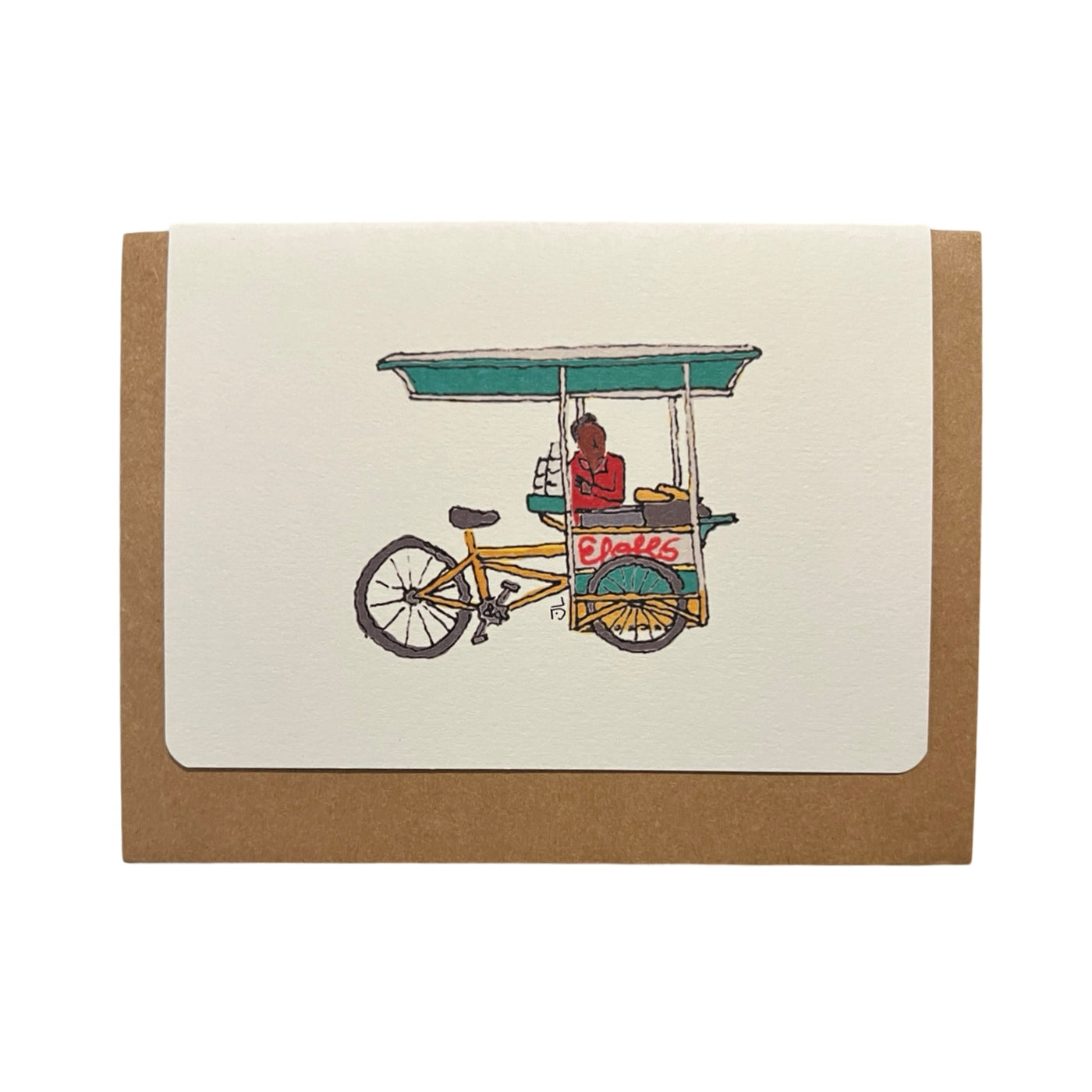 Greeting card featuring an illustration of a traditional Mexican elotero cart. The cart, painted in vibrant yellow and teal, is equipped with a canopy and a bicycle frame, with a vendor serving elotes.