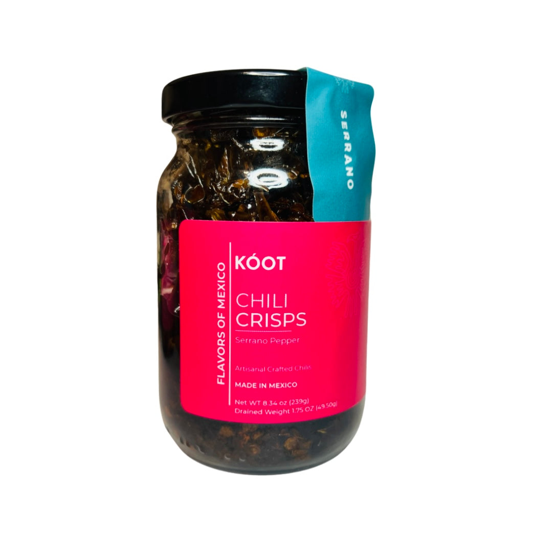8.34 oz clear jar of serrano pepper chili crisps with a pink branded label and white lettering