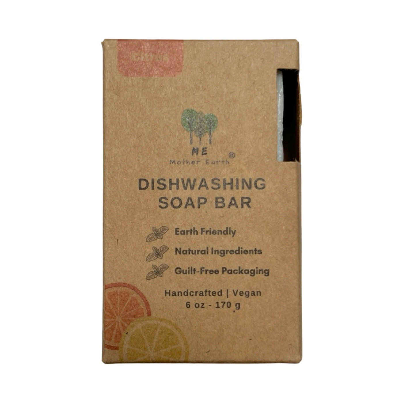 6 oz kraft box of dishwasing soap bar with images of  citrus fruit and three trees.