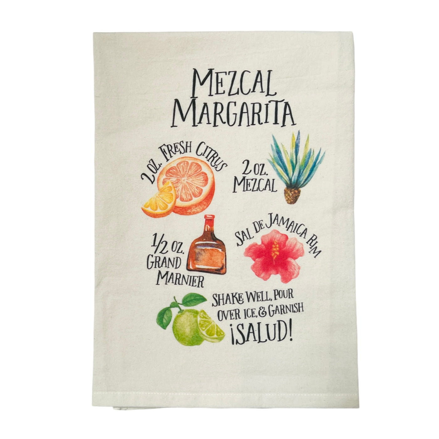 natural towel folded in half that features a mezcal margarita recipe along with images of citrus fruit, mezcal plant, hibiscus flower and a bottle of grand marnier.