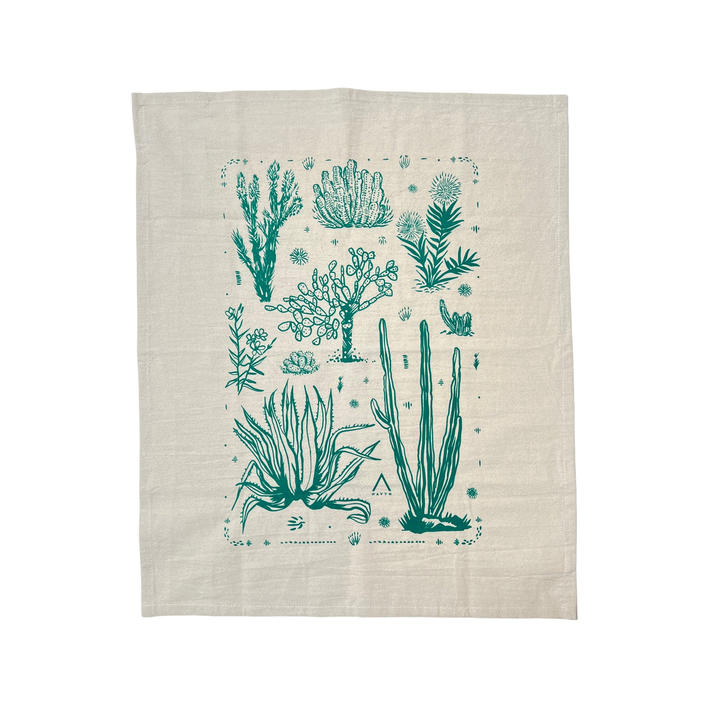 natural floursack tea towel with a blue/green succulents design