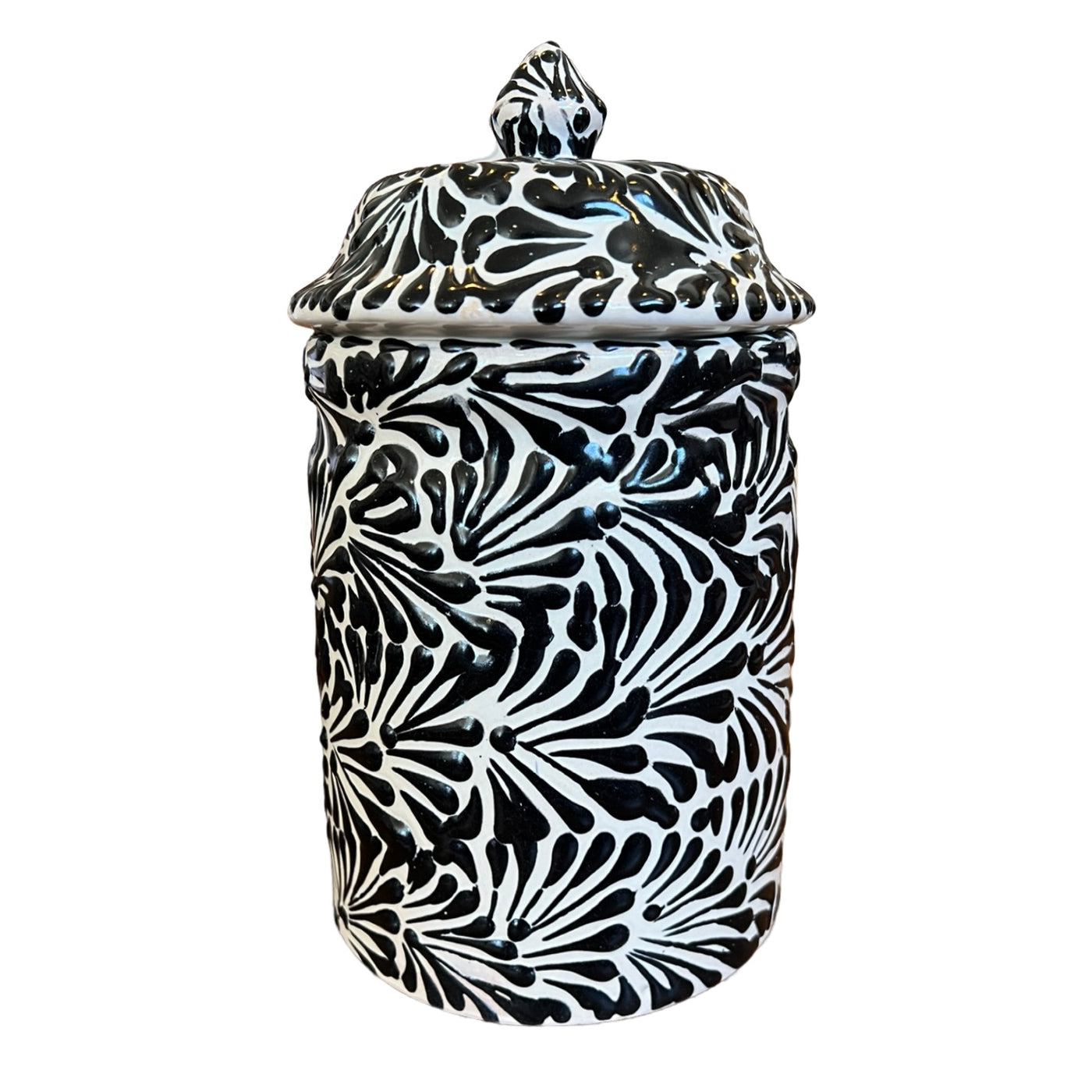 Black barro canister with a lid featuring a black Puebla talavera design