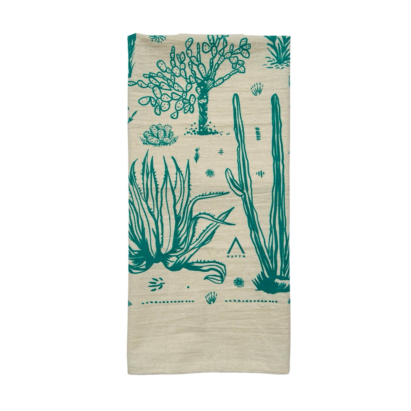 natural floursack tea towel folded in quarters with a blue green succulents design