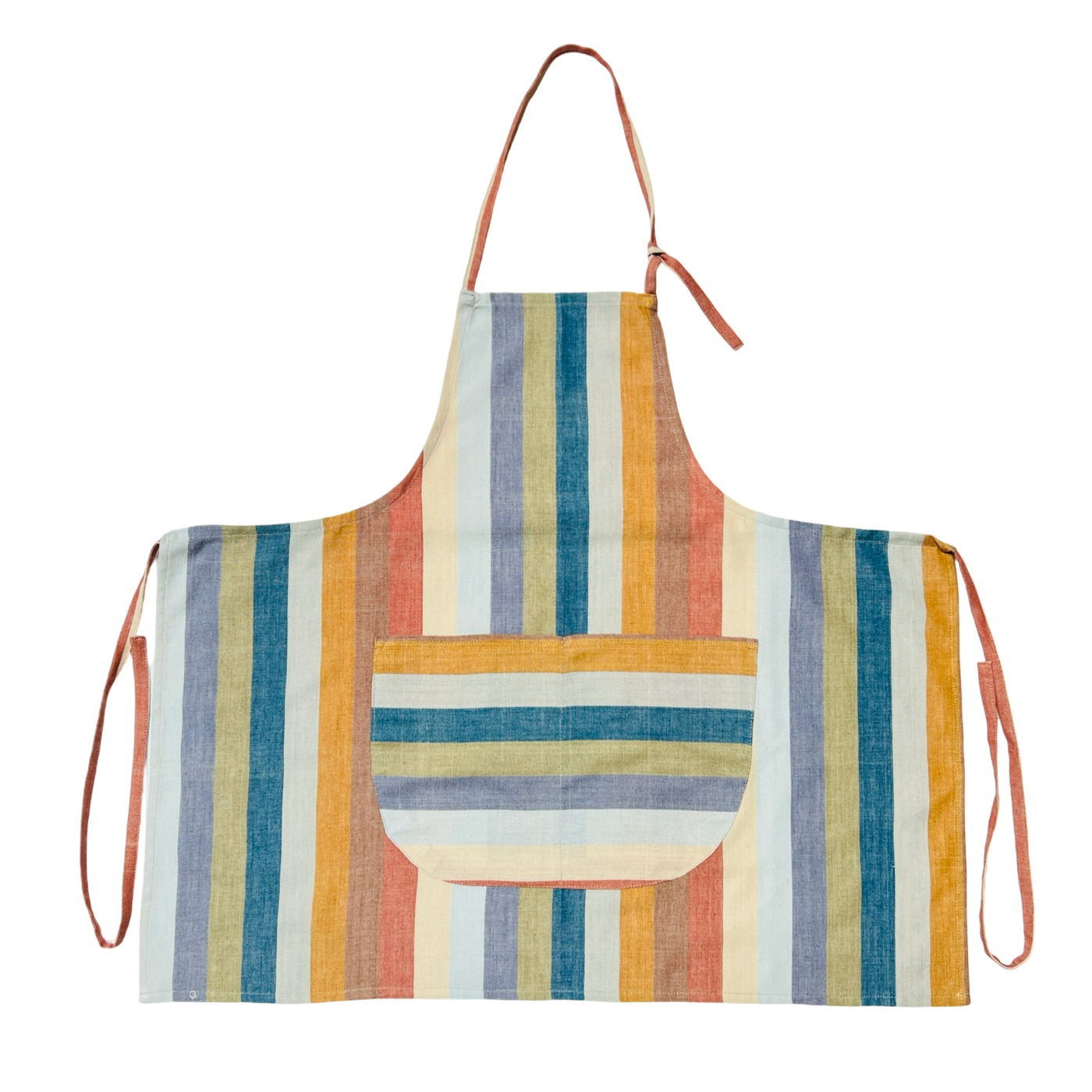 apron with two pockets and a striped design featuring earth tone colors.