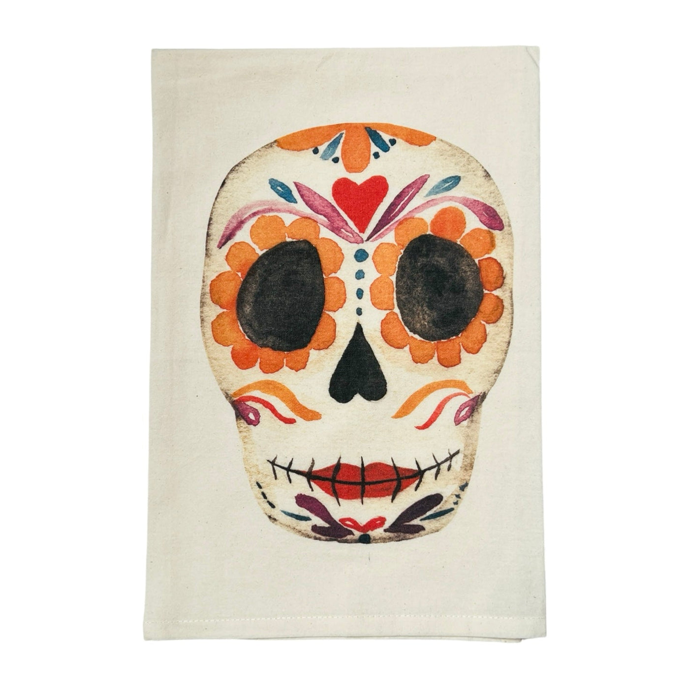 natural towel folded in half featuring a watercolor image of a sugar skull