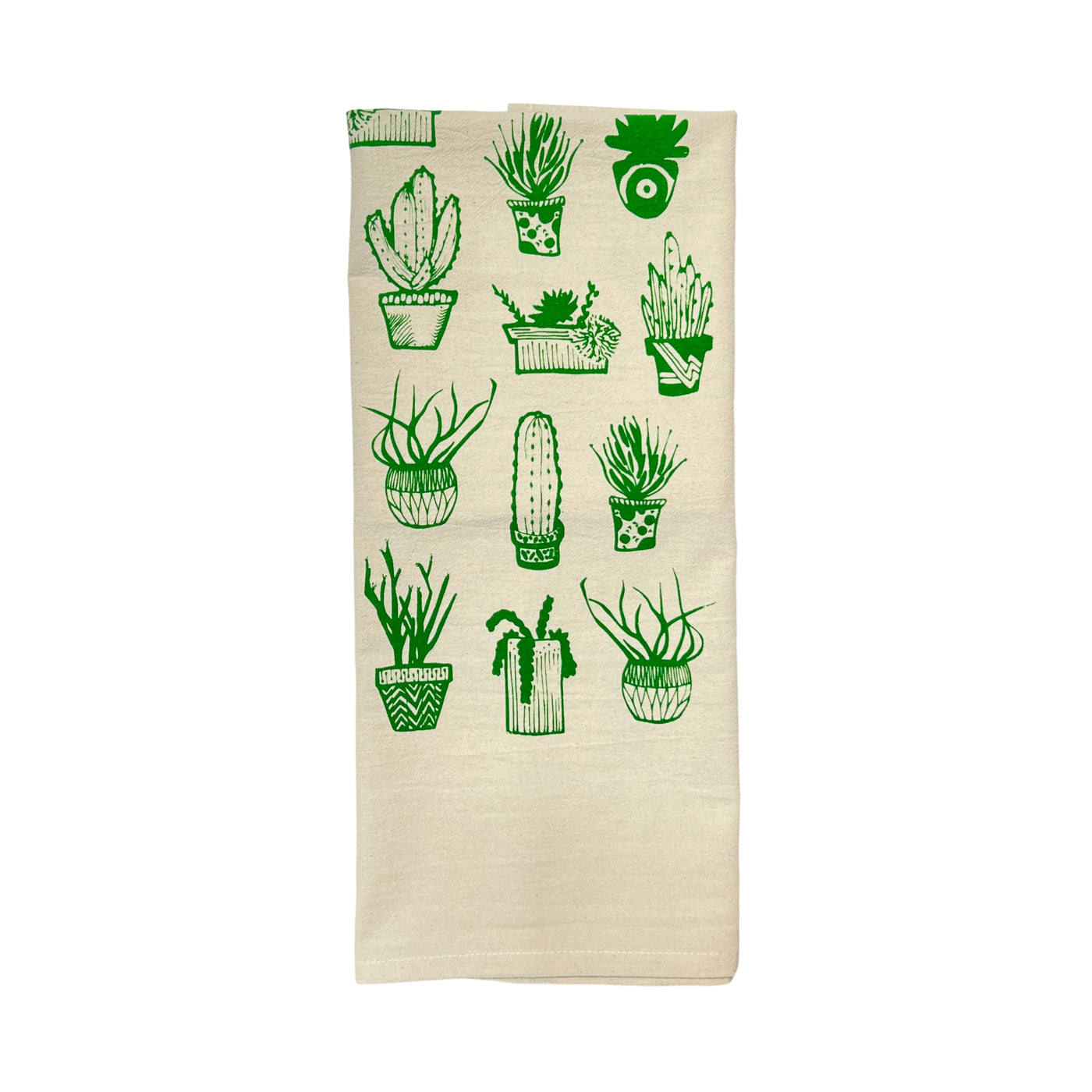 natural floursack tea towel folded in quarters with a green cactus design