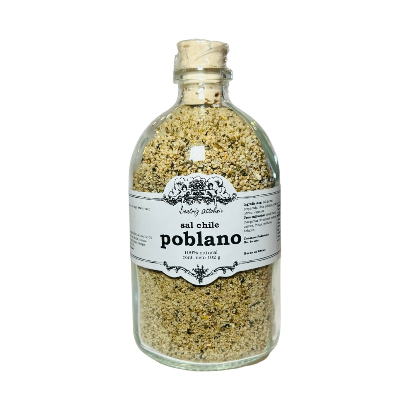 clear 100g jar of poblano chile salt with white branded label and a cork top.