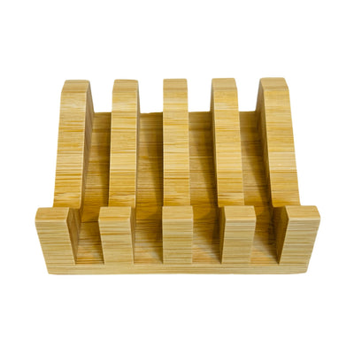 front view of a Slanted wooden soap dish made from bamboo, featuring grooved slots for drainage and a modern, eco-friendly design