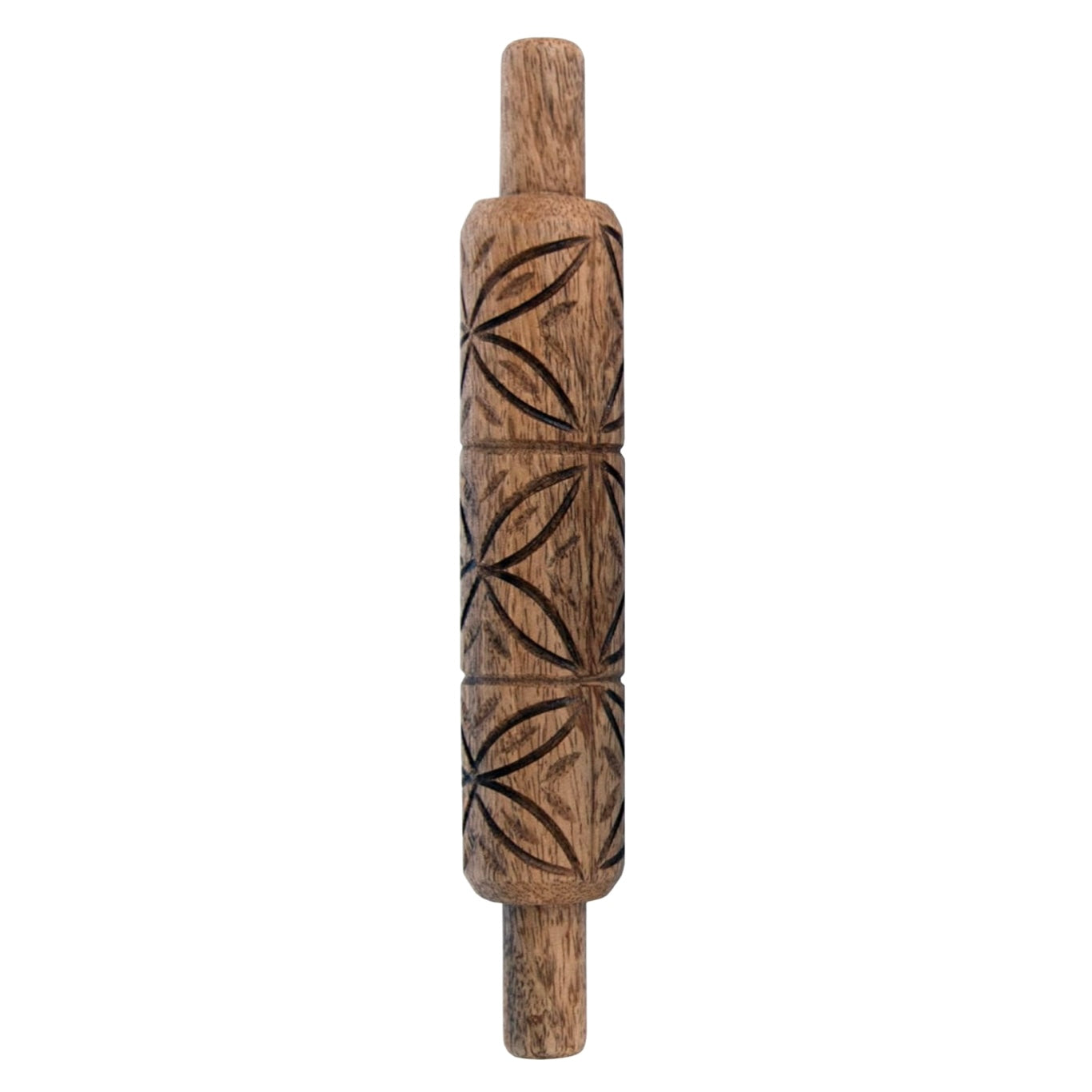 hand-carved mango wood rolling pin with a geometric pattern and smooth wooden handles.
