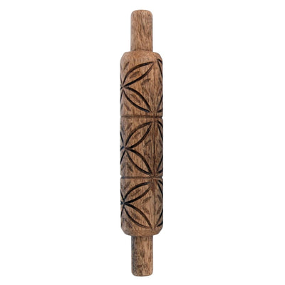 hand-carved mango wood rolling pin with a geometric pattern and smooth wooden handles.