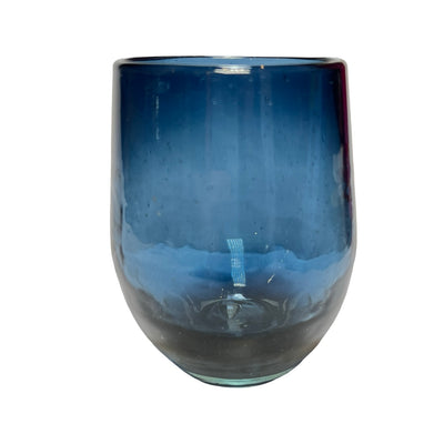 blue colored stemless wine glass