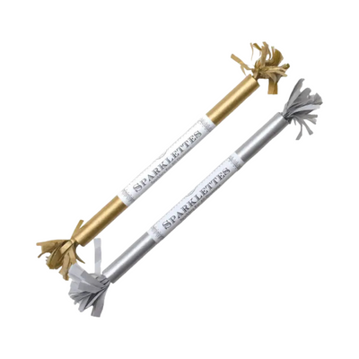 Two long sparkler tubes labeled “Sparklettes” — one gold with gold fringe and one silver with silver fringe.