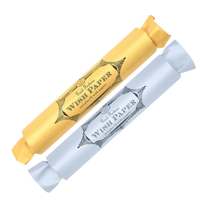 Two tubes of Good Fortune Wish Paper by TOPS Malibu, one gold and one silver, each labeled “includes 10 wish papers."