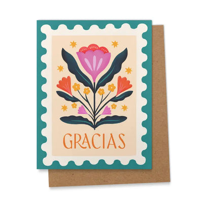 Greeting card with a colorful floral design and the word “Gracias” in orange letters featuring a scalloped teal green border.